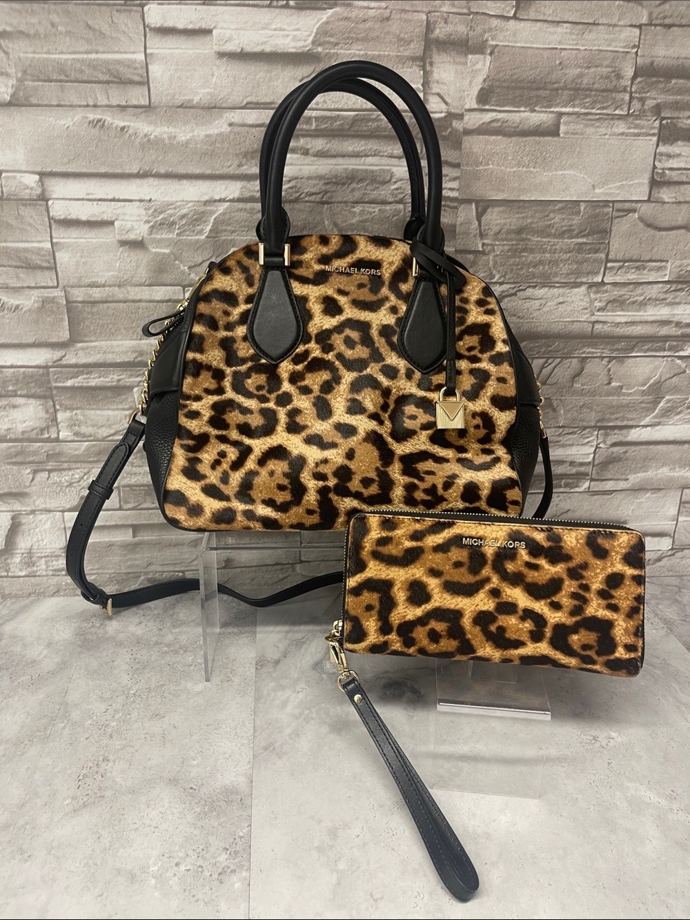 Michael Kors Briar Bowling Bag & Matching Wallet Cheetah Black Butterscotch